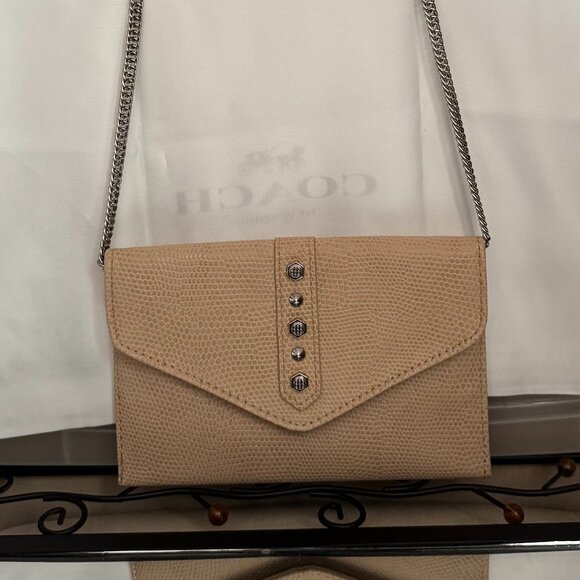 Danielle Nicole Envelope Crossbody Tan Faux Leather Studded with Chain Strap - Picture 1 of 13